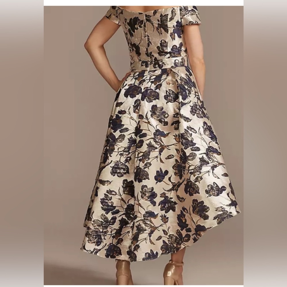 Oleg Cassini Metallic Brocade Off The Shoulder High Low Dress - Picture 2 of 15